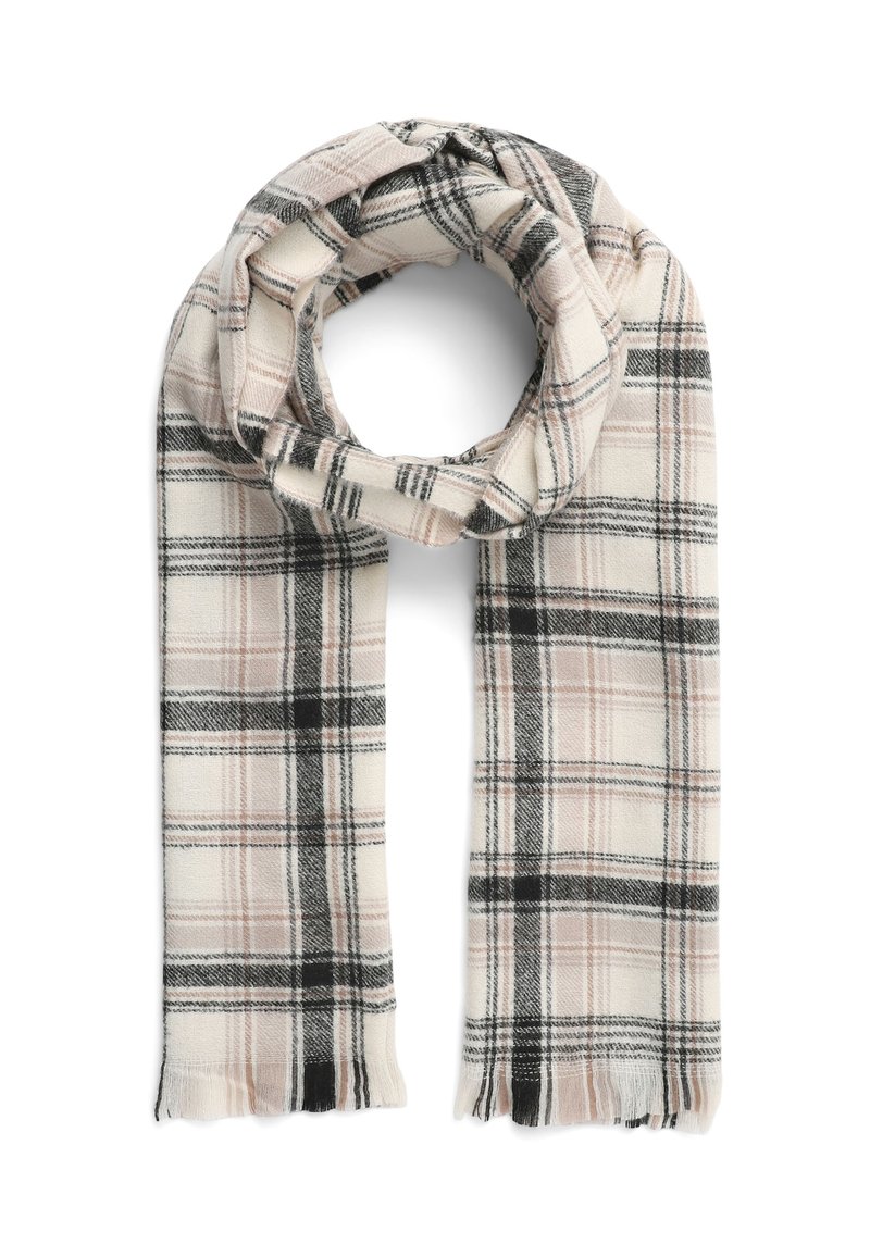 Szalik w kratę wykonany z miękkiego materiału, w beżowo-czarnym kolorze, z frędzlami i wzorem kratki.