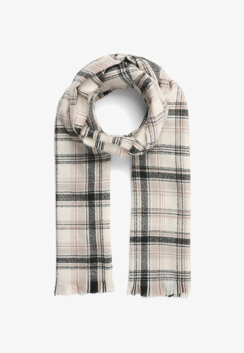 Sciarpa a scacchi in morbido tessuto, con una combinazione di colori beige e nero, dotata di bordo frangiato e un design a griglia stampata.