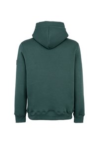 Felpa verde con cappuccio e coulisse, dotata di una grande tasca posteriore. Presenta polsini e orlo a coste, realizzata in un tessuto morbido con una texture liscia.