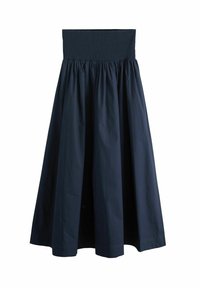 Tmavomodrá bavlnená sukňa s prádlovým pásom, plným, plynulým strihom a dĺžkou po kolená. Hladká textúra bez vzorov.