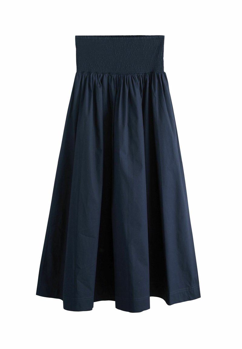 Tmavomodrá bavlnená sukňa s prádlovým pásom, plným, plynulým strihom a dĺžkou po kolená. Hladká textúra bez vzorov.