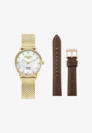 Montre-bracelet Gold Roamer Valais en or avec cadran en nacre blanche, index dorés, bracelet en maille et bracelet en cuir marron supplémentaire avec boucle dorée.