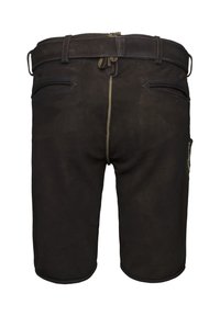 Pantalones cortos de cuero marrón con una textura suave, lazos para cinturón y cierre de cremallera. Presenta dos bolsillos traseros con costuras en contraste.