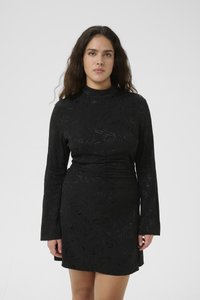 Black long-sleeve dress with a high neckline, featuring a textured rose pattern and fitted bodice, gathered waist, and flared sleeves.