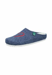 Felt clog in dark blue with red heart embroidery, white rubber sole, and green label. Soft texture for comfort. Slip-on design.
