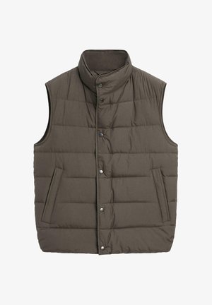 Dunkelbraune gepolsterte ärmellose Weste mit hohem Kragen, Druckknöpfen vorne und zwei Seitentaschen.