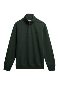 Sudadera de color verde oscuro con un cuello alto, cremallera a media altura en la parte delantera, puños acanalados y un pequeño logo en la esquina superior izquierda. Textura suave.