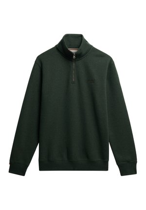 Sweatshirt à col haut de couleur vert foncé, avec une fermeture éclair sur le devant à mi-hauteur, des poignets côtelés et un petit logo dans le coin supérieur gauche. Texture douce.