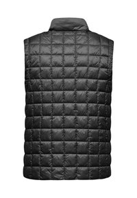 Gilet imbottito nero con design a trapunta, caratterizzato da un colletto alto e maniche assenti. Texture liscia con cuciture orizzontali e verticali.