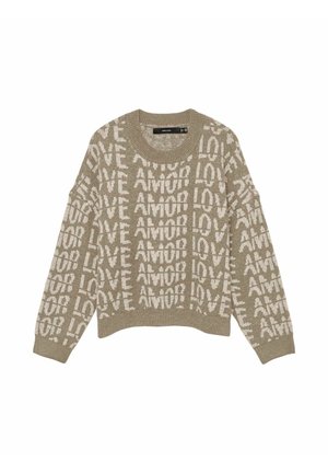 Jersey taupe con un patrón de texto repetido en blanco que dice "LOVE" y "AMOR", cuello redondo y mangas largas, dispuesto sobre un fondo blanco.