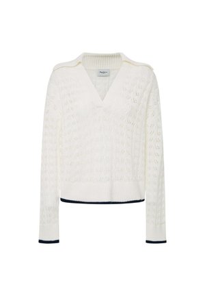Weißer Strickpullover mit tiefem V-Ausschnitt, Zopfmuster, langen Ärmeln und marineblauen Rippbündchen.