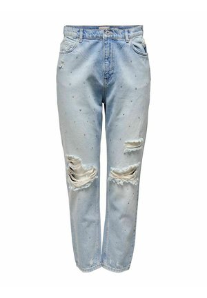 Jasnoniebieskie jeansy z denimu z wieloma podartymi dziurami na udach oraz małymi perełkowymi ozdobami rozrzuconymi po tkaninie.