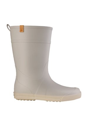 Beiger Gummiregenstiefel bis zur Mitte der Wade mit profilierter Sohle und Zuglasche mit kleinem braunem Lederdetail.
