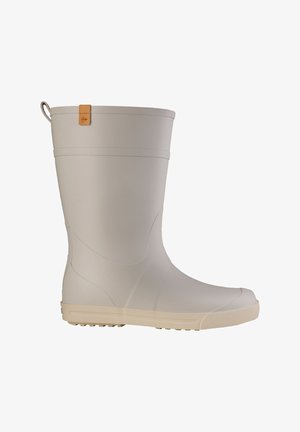 Beiger Gummiregenstiefel bis zur Mitte der Wade mit profilierter Sohle und Zuglasche mit kleinem braunem Lederdetail.