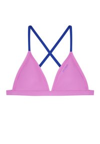 Top bikini triangolare rosa con spalline incrociate regolabili blu; texture liscia; presenta il logo del marchio in blu sul lato.