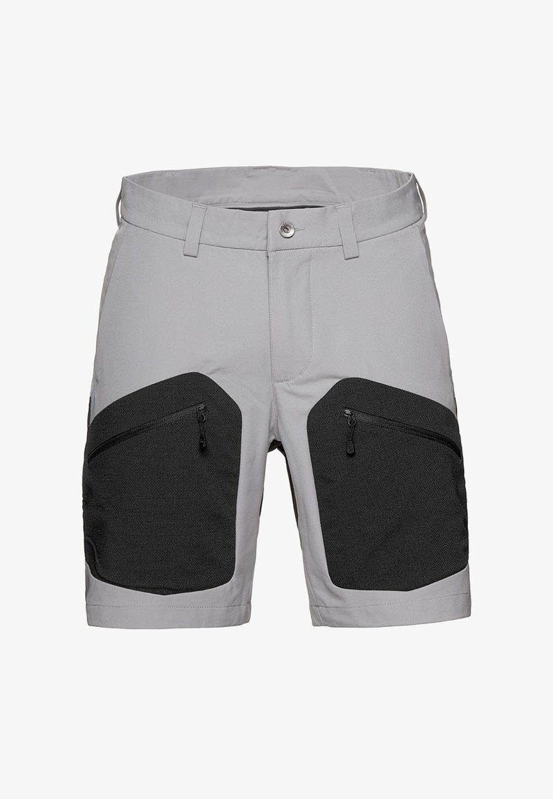 Shorts gris en tissu léger, avec des panneaux d'accent texturé noirs, deux poches zippées sur le devant et une fermeture à bouton.