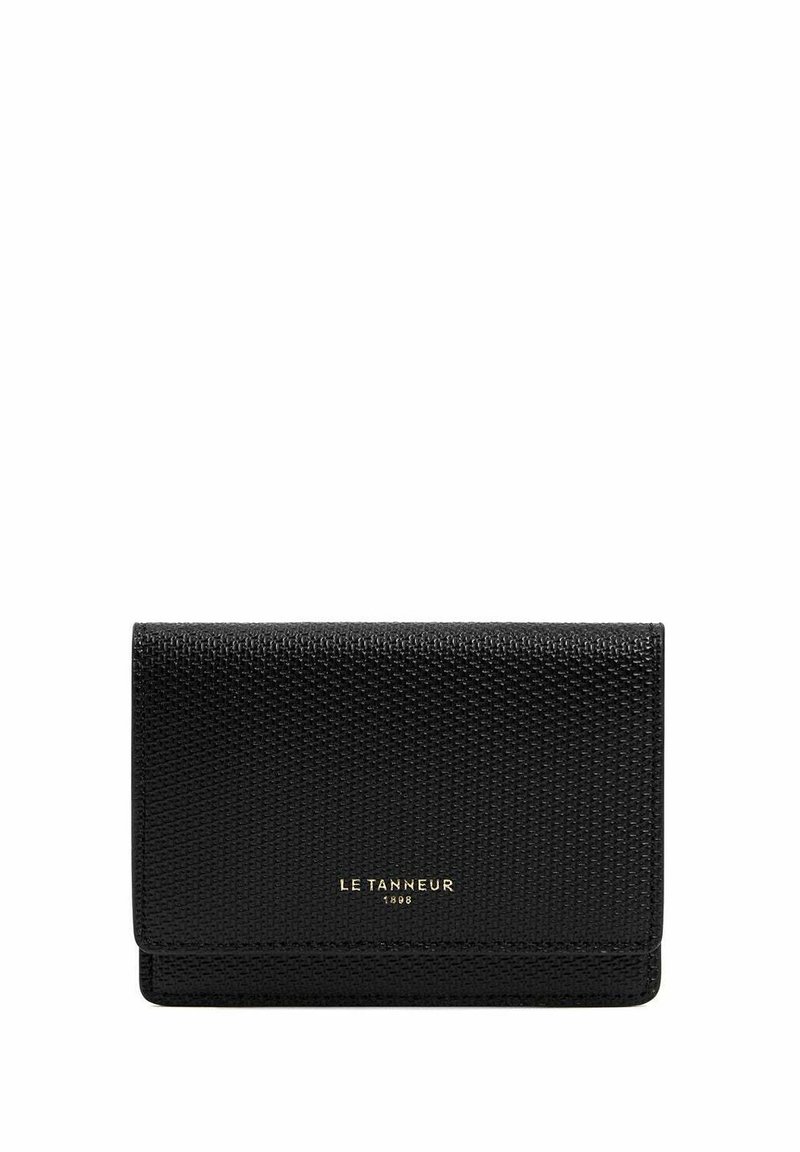 Portafoglio in pelle nera con superficie testurizzata, dotato di chiusura magnetica e logo in rilievo dorato. Forma rettangolare compatta.