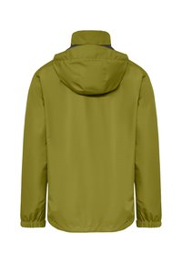 Veste à capuche vert olive avec poignets élastiques, col montant et ourlet légèrement arrondi, vue de dos sur fond blanc.