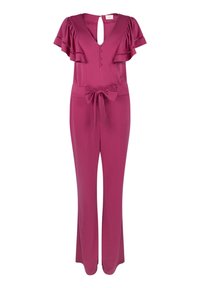 Fuchsia jumpsuit met volants op de korte mouwen, diepe V-hals, knopen aan de voorkant, een getailleerde taille met een strik en een wijde broekspijp.