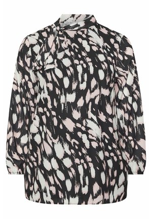 Musta ja vaaleanpunainen abstrakti pilkutettu pitkähihainen pusero, jossa on korkea kaulus ja vasemmalla puolella sidottu rusetti.