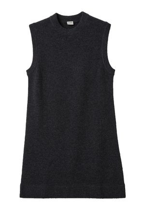 Mouwloze donker steenkoolkleurige gebreide sweater-vest met ronde hals en geribde zoom, plat liggend op een witte achtergrond.