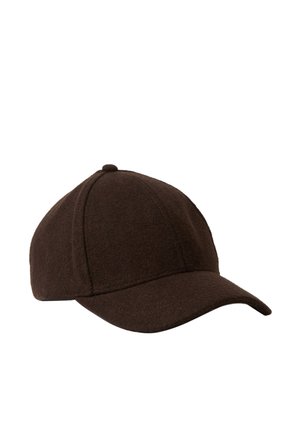 Dunkelbraune Woll-Baseballkappe mit sechs Paneelen und einem gebogenen Schirm auf weißem Hintergrund.