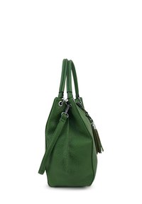 Groene leren handtas met een gestructureerde afwerking, ritssluiting, twee handvaten en een verstelbare schouderband. Voorzien van een kwastje.