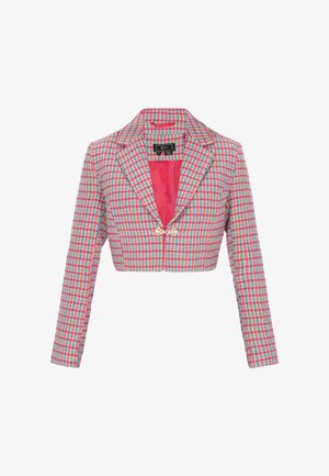 Cropped blazer in a pink, blue, and white houndstooth pattern, featuring a notched collar and a single decorative clasp at the front.