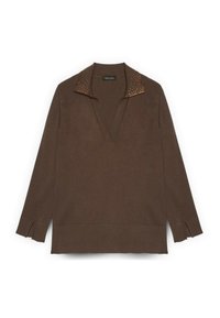 Maglione marrone con scollatura a V profonda e maniche corte. Presenta un colletto arricchito da borchie e spacchi laterali all'orlo per un tocco di design in più.