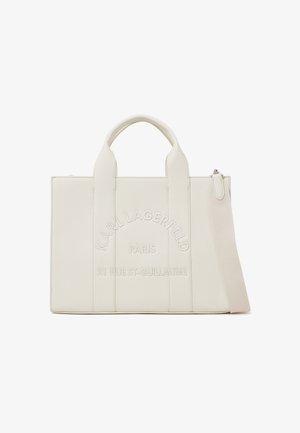Weiße, strukturiertes Leder-Shopper mit doppelten Griffen, abnehmbarem Schulterriemen und eingeprägtem Text "Karl Lagerfeld Paris 21 Rue St-Guillaume".
