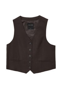 Gilet a spina di pesce marrone con scollo a V, sei bottoni neri e due tasche frontali. Etichetta: CALLIOPE, taglia S, fodera interna liscia.