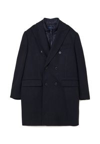 Cappotto doppiopetto in misto lana blu marina con rever a punta, due tasche frontali e fodera interna con zip. Texture liscia e vestibilità su misura.