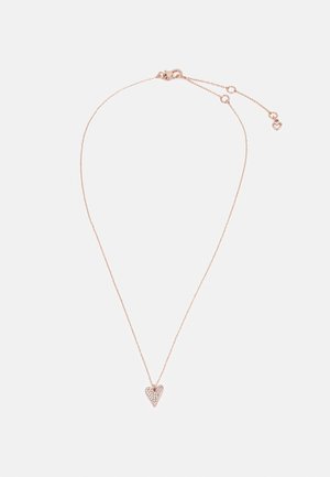 Collier délicat en chaîne en or rose avec un petit pendentif en forme de cœur serti de cristaux, incluant un fermoir réglable avec un petit charm en forme de cœur.