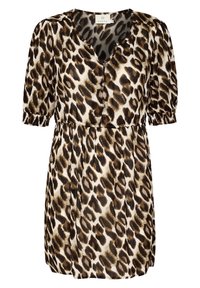 Luipaardprint jurk, korte pofmouwen, V-hals, knoopsluiting, cinched taille, vloeiende vorm, kleuren: beige, bruin en zwart.