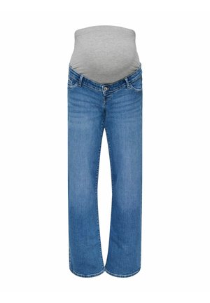 Kék kismama farmer rugalmas szürke anyagpanellel a hasat takarva, a terhesség alatti kényelem és támogatás érdekében.