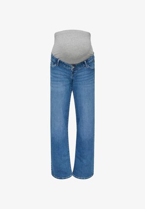 Blugi de maternitate albaștri cu un panou din material gri extensibil care acoperă burta, proiectați pentru confort și susținere în timpul sarcinii.