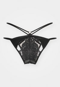 Lingerie noire avec un détail en dentelle complexe, un design à bretelles et des accents découpés. Matière lisse avec un panneau arrière transparent.