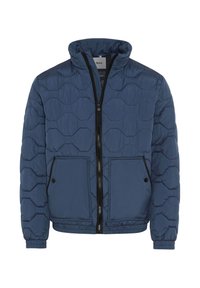 Mørkeblå quiltet pufferjakke med høj krave, sort lynlås, to forlommer og elastiske manchetter og kant. Glat nylonmateriale.