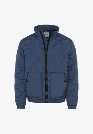 Dunkelblau gesteppte Pufferjacke mit hohem Kragen, schwarzem Reißverschluss, zwei Fronttaschen sowie elastischen Bündchen und Saum. Glattes Nylonmaterial.