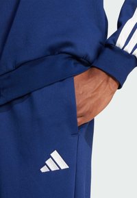 Tumši zila sporta jaka ar baltām svītrām uz piedurknēm un izšūtu baltu logotipu. Gluda auduma, ar brīvu piegriezumu.