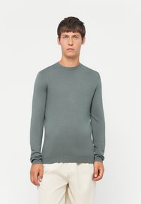 Light gray long-sleeve sweater made of a smooth knit fabric, featuring a round neckline and ribbed cuffs. Simple, fitted design.