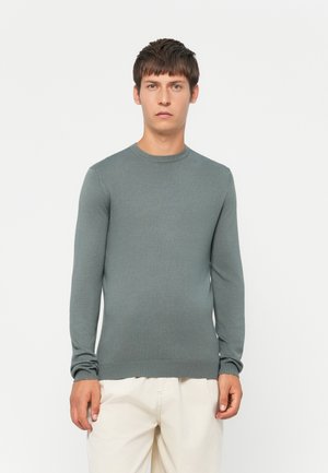Light gray long-sleeve sweater made of a smooth knit fabric, featuring a round neckline and ribbed cuffs. Simple, fitted design.