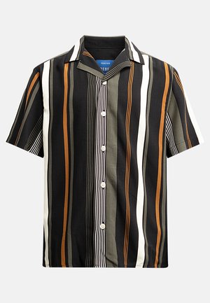 Koszula z krótkim rękawem i kołnierzykiem z pionowymi paskami w odcieniach czerni, bieli, oliwki i pomarańczy. Wykonana z lekkiego materiału, z zapięciem na guziki z przodu.
