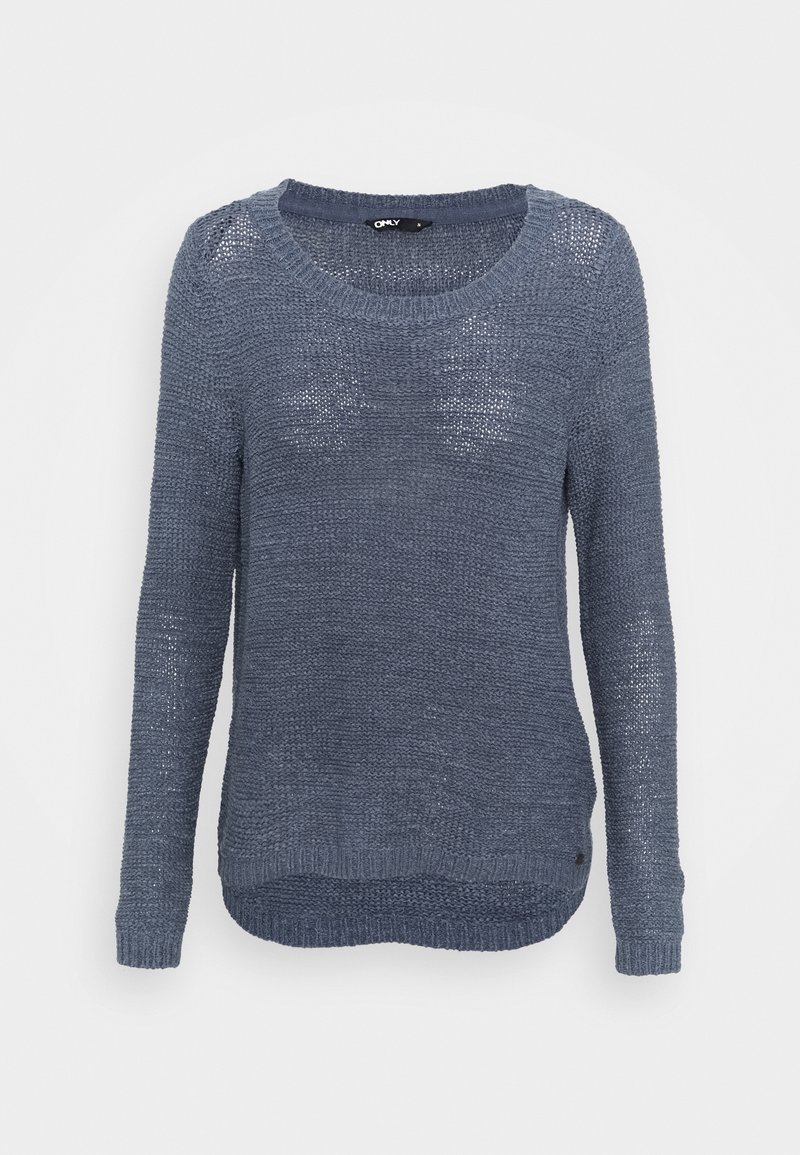 Pull bleu à manches longues en maille avec encolure ronde et poignets et ourlet côtelés, présenté sur un fond blanc uni.