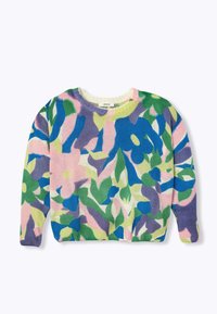 Pull en tricot coloré avec de longues manches, présentant un motif floral abstrait dans des tons de bleu, vert, rose, violet et jaune.