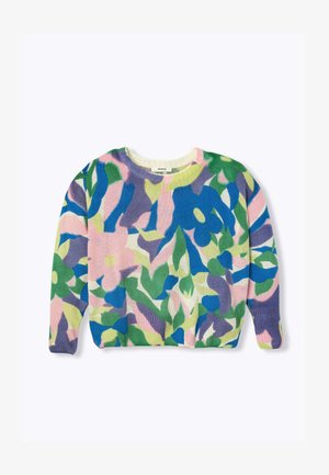 Pull en tricot coloré avec de longues manches, présentant un motif floral abstrait dans des tons de bleu, vert, rose, violet et jaune.