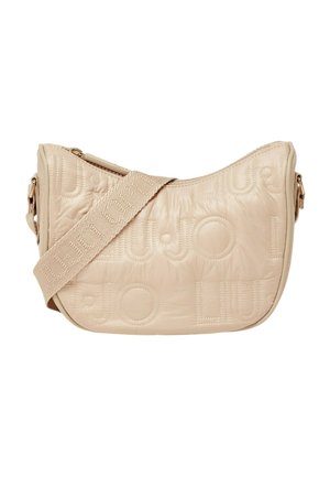 Borsa a tracolla trapuntata beige con motivo "LIU JO" in rilievo e ampia tracolla regolabile in tessuto con marchio coordinato.