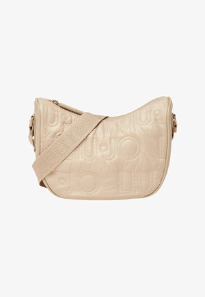 Borsa a tracolla trapuntata beige con motivo "LIU JO" in rilievo e ampia tracolla regolabile in tessuto con marchio coordinato.
