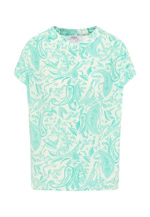 Kortærmet top i lys creme med intrikat turkist paisley-mønster, der har en rund halsudskæring og en afslappet pasform. Blød stoftekstur.