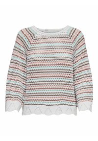 Pull en tricot avec des rayures horizontales multicolores dans des teintes pastel de rose, bleu et marron, doté d'un ourlet à volants et d'une coupe ample.